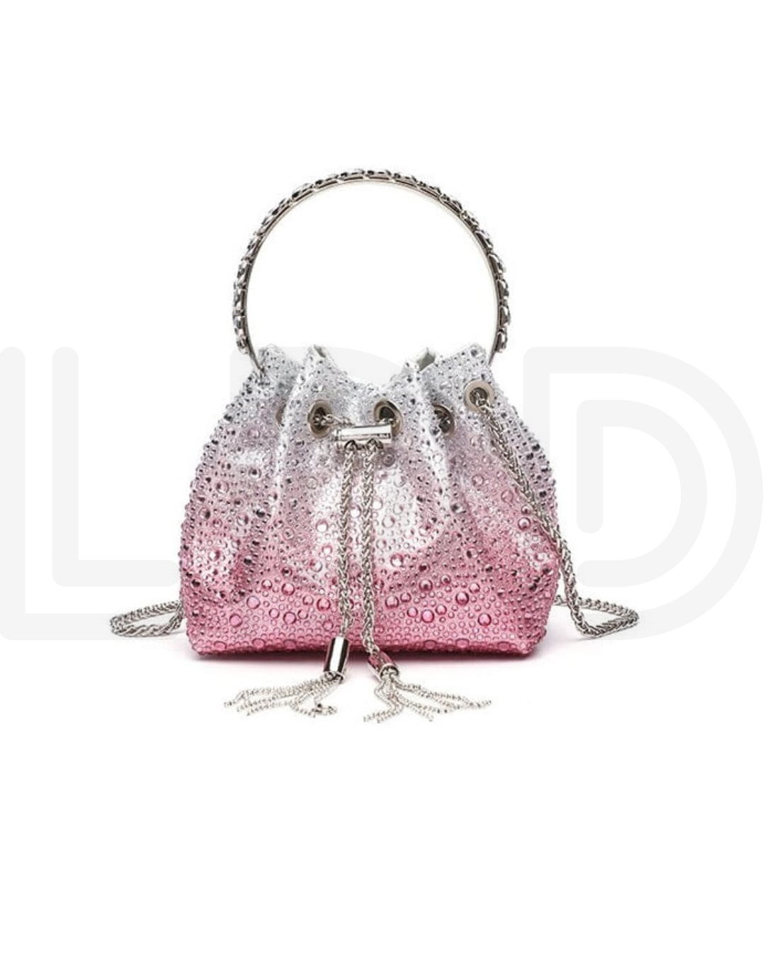 J-I-M-M-Y C-H-O-O Bon Bon Deep Merlot Satin & Crystal Hotfix Bucket Bag (Design B)