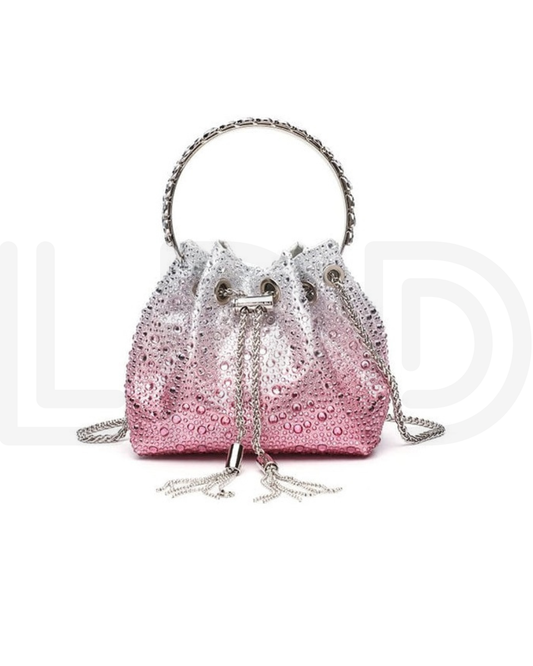 J-I-M-M-Y C-H-O-O Bon Bon Deep Merlot Satin & Crystal Hotfix Bucket Bag (Design B)