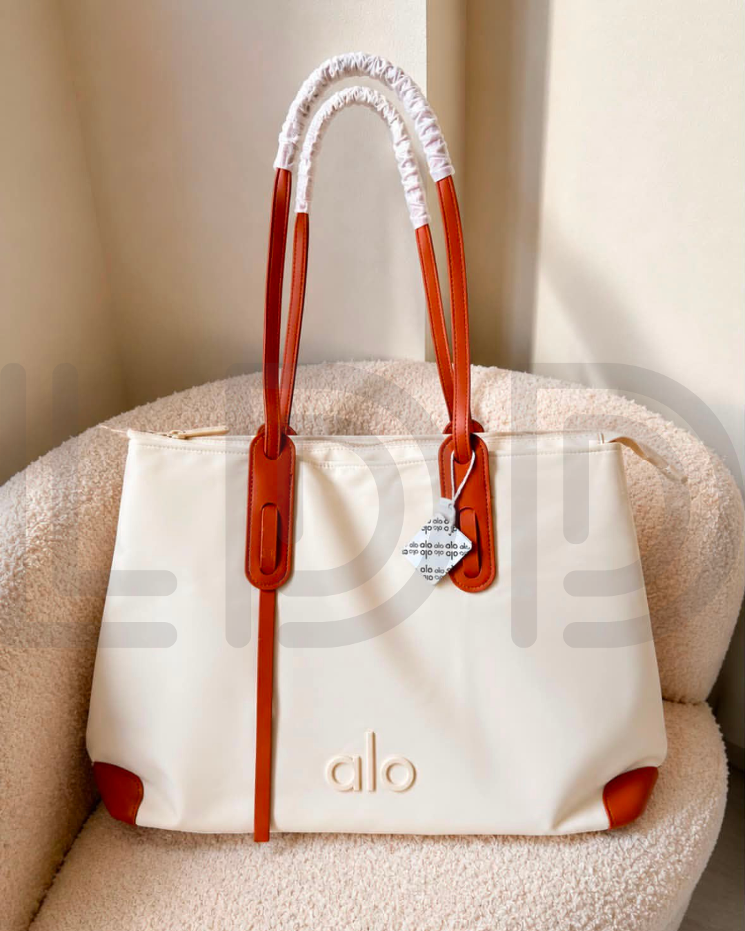A-L-O Y-O-G-A Large Canvas Shopper Tote – Studio to Street Women Bag (White/Brown)