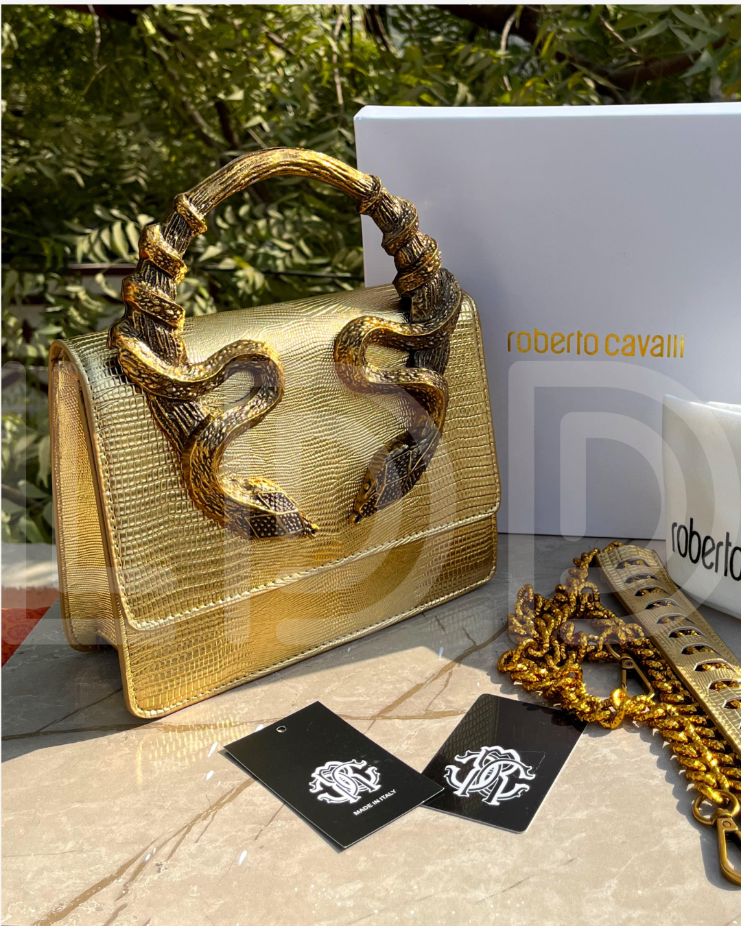R-O-B-E-R-T-O C-A-V-A-L-L-I Borsa Bordeaux Con Serpenti – Luxury Statement Women Bag (Gold)