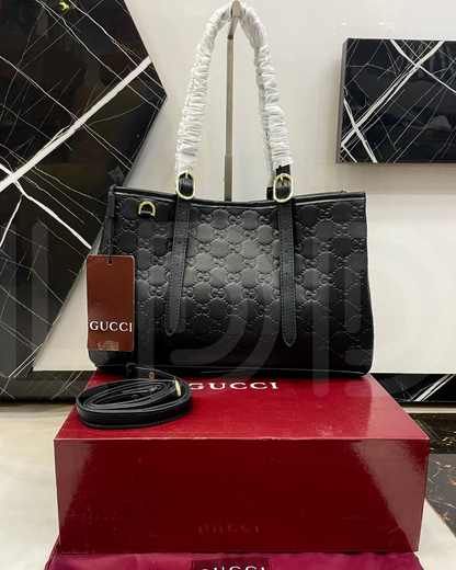 G-U-C-C-I Emblem Embossed Medium Tote – Statement Luxe Women Bag (Black)