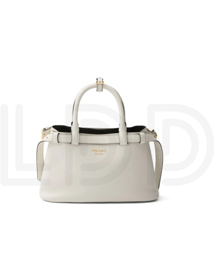 P-R-A-D-A Buckle Small Handbag with Double Belt – Elegant Luxe Women Bag (White/Grey)