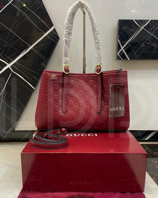 G-U-C-C-I Emblem Embossed Medium Tote – Statement Luxe Women Bag (Red)