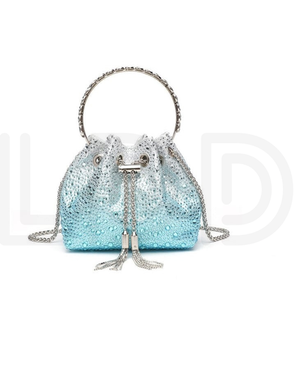 J-I-M-M-Y C-H-O-O Bon Bon Deep Merlot Satin & Crystal Hotfix Bucket Bag (Sky Blue)