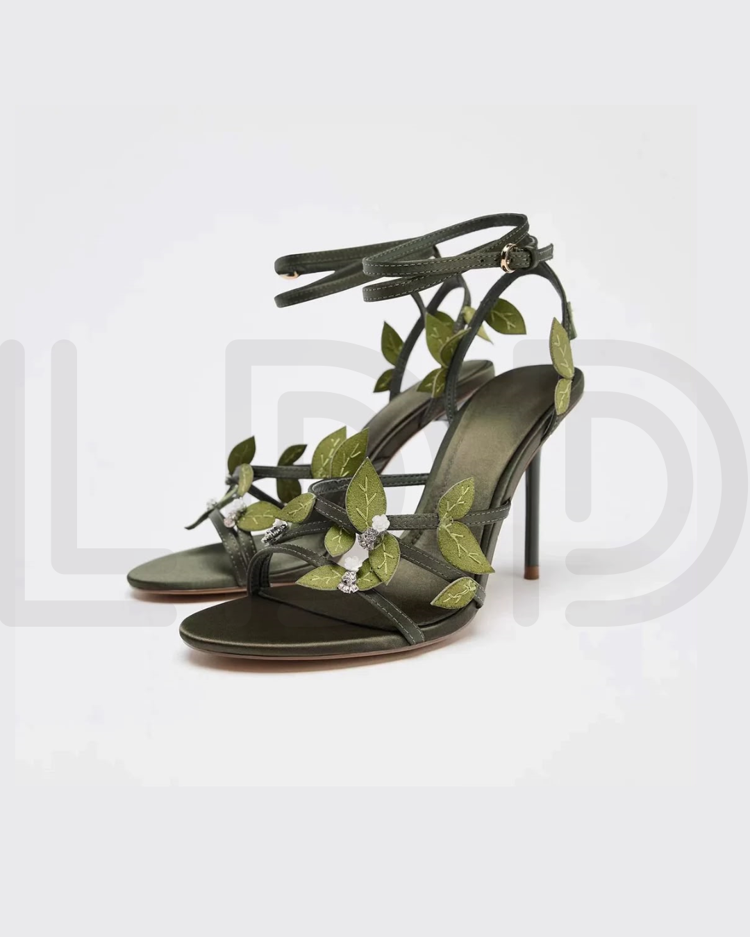 Z-A-R-A Satin-Effect Sandals with 3D Floral Appliqués – Premium Quality Women Footwear (Khaki Green)