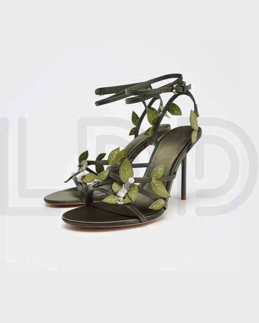 Z-A-R-A Satin-Effect Sandals with 3D Floral Appliqués – Premium Quality Women Footwear (Khaki Green)