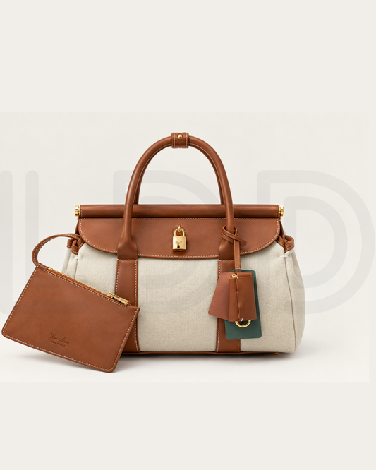 L-O-R-O P-I-A-N-A Loom Bag L32 – Premium Leather & Canvas Women Bag (Brown Off White)