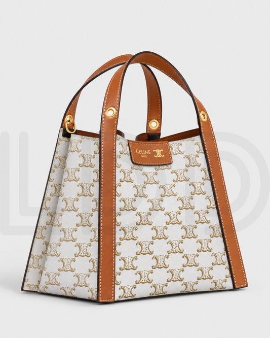 C-E-L-I-N-E Small Cube Bag in Triomphe Canvas – Everyday Luxe Women Bag (White/Brown)