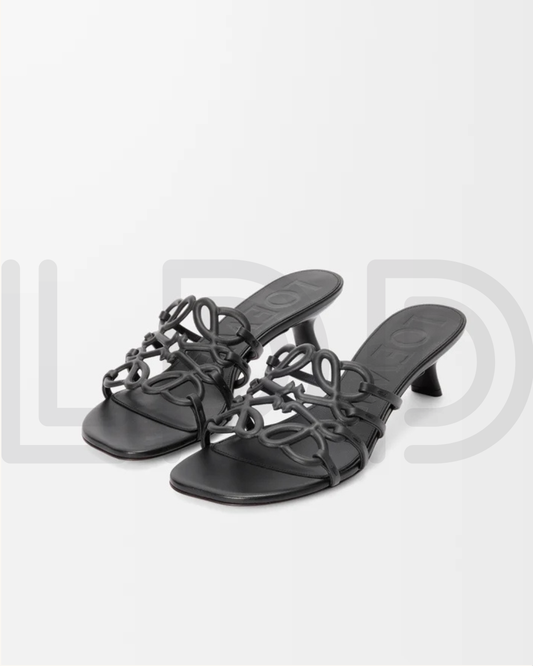 L-O-E-W-E Petal Anagram Slide in Soft Calfskin – Luxury Women Footwear (Black)