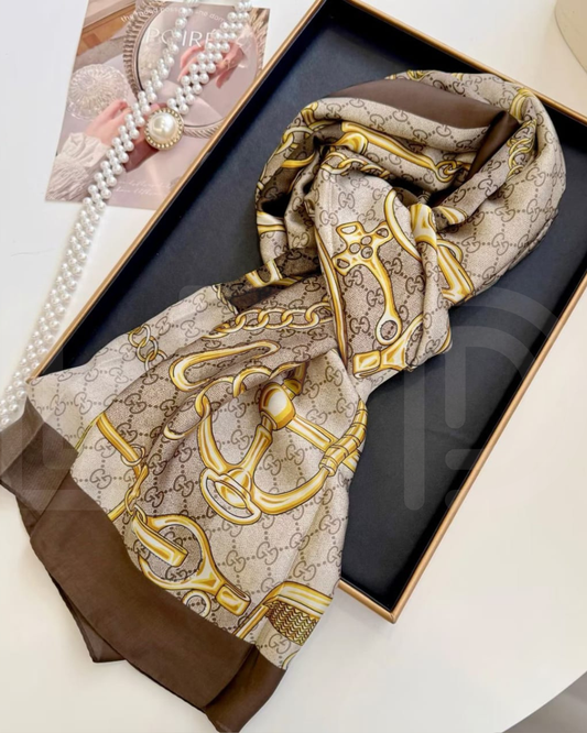 G-U-C-C-I Silk Scarf – Elegant Luxury Women Accessory (Brown)