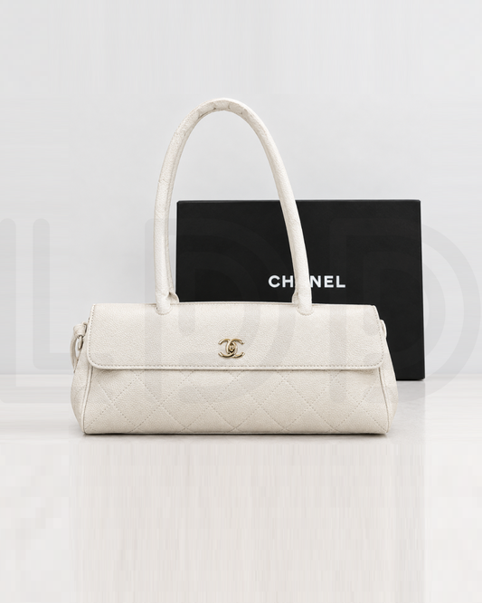 C-H-A-N-E-L Grained Calfskin Stitched Urban Essentials Shopping Bag | Gold Hardware | Luxury Women Bag (White)