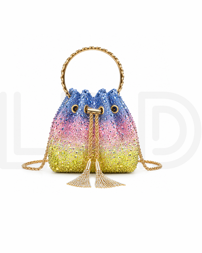J-I-M-M-Y C-H-O-O Bon Bon Deep Merlot Satin & Crystal Hotfix Bucket Bag (Blue with Multi Colors)