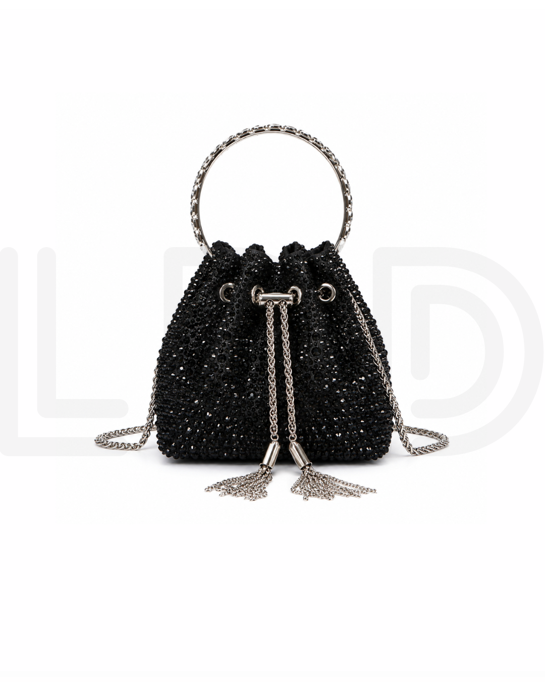 J-I-M-M-Y C-H-O-O Bon Bon Deep Merlot Satin & Crystal Hotfix Bucket Bag (Black)