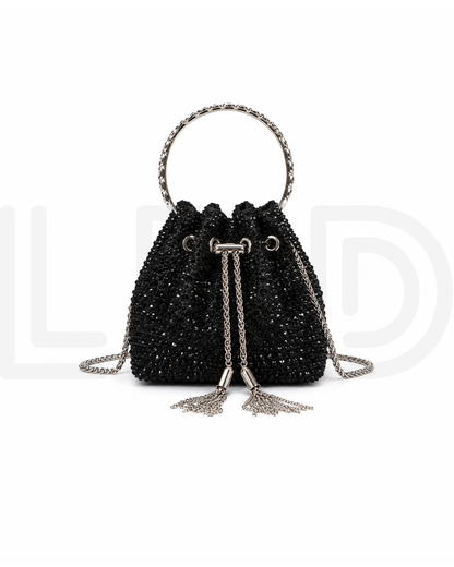 J-I-M-M-Y C-H-O-O Bon Bon Deep Merlot Satin & Crystal Hotfix Bucket Bag (Black)