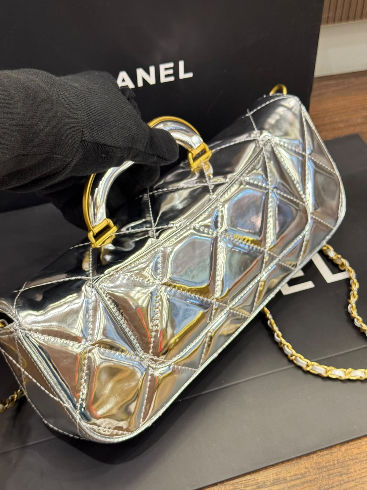 C-H-A-N-E-L 2025 Large Patent Top Handle Bag – Fall/Winter Collection | Premium Quality Women Bag (Silver)