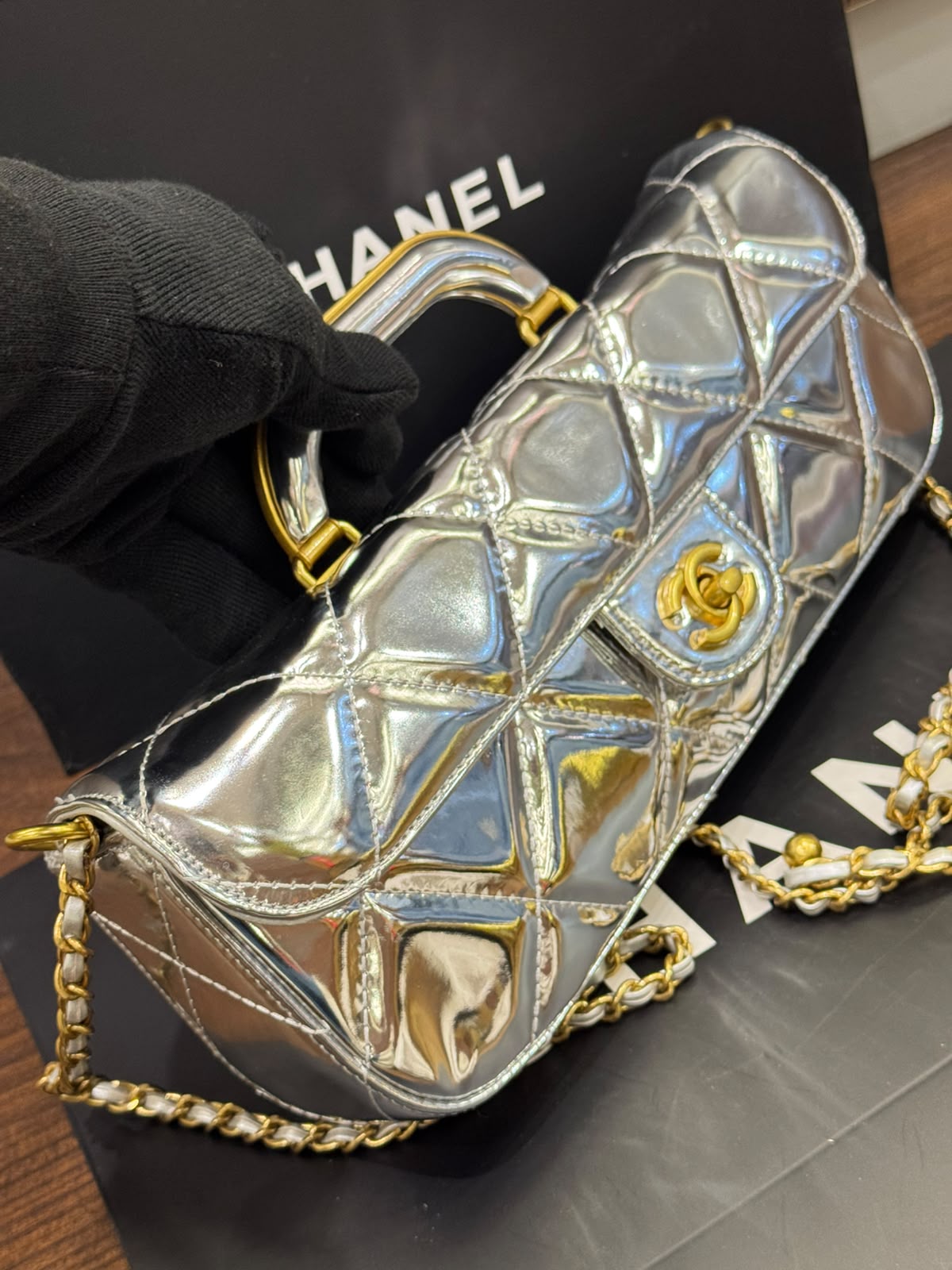 C-H-A-N-E-L 2025 Large Patent Top Handle Bag – Fall/Winter Collection | Premium Quality Women Bag (Silver)