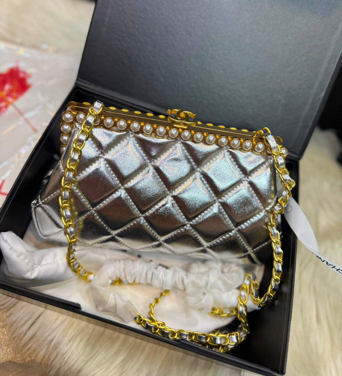 C-H-A-N-E-L Clutch in Pearly Lambskin – Quilted Luxury Women Bag (Silver)