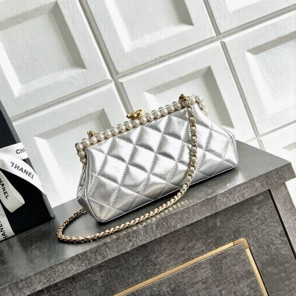C-H-A-N-E-L Clutch in Pearly Lambskin – Quilted Luxury Women Bag (Silver)
