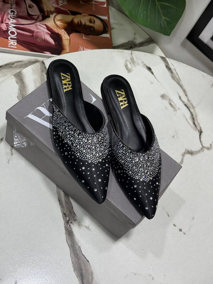 ZARA STONE FLAT – Women Rhinestone Slippers (Silver Black)