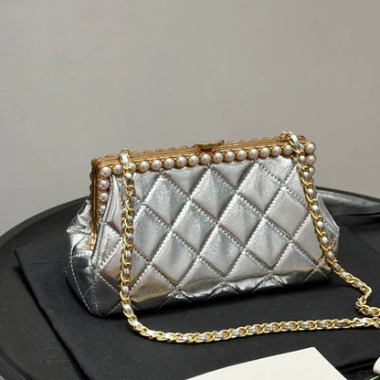 C-H-A-N-E-L Clutch in Pearly Lambskin – Quilted Luxury Women Bag (Silver)