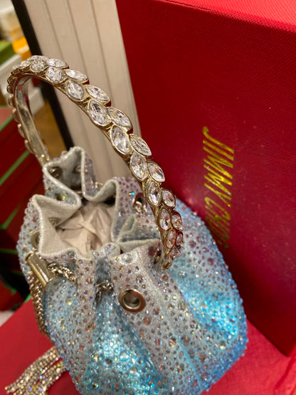 J-I-M-M-Y C-H-O-O Bon Bon Deep Merlot Satin & Crystal Hotfix Bucket Bag (Sky Blue)