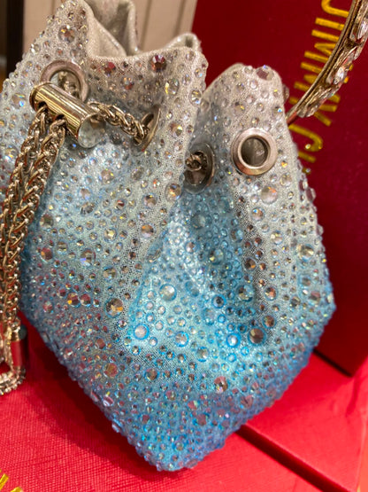 J-I-M-M-Y C-H-O-O Bon Bon Deep Merlot Satin & Crystal Hotfix Bucket Bag (Sky Blue)