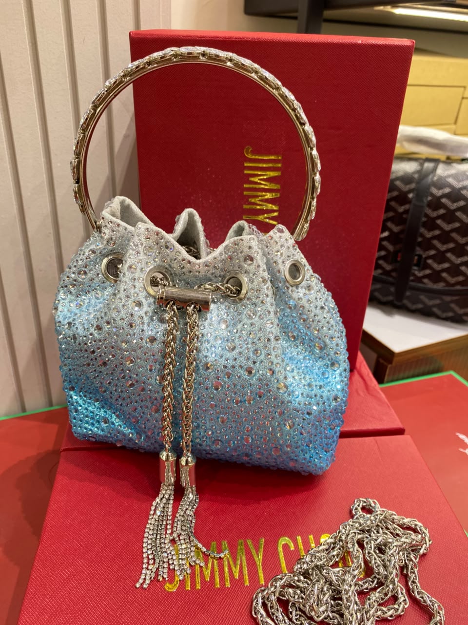 J-I-M-M-Y C-H-O-O Bon Bon Deep Merlot Satin & Crystal Hotfix Bucket Bag (Sky Blue)