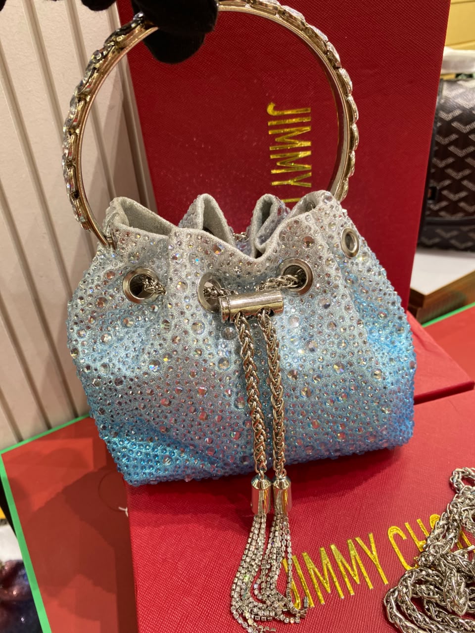 J-I-M-M-Y C-H-O-O Bon Bon Deep Merlot Satin & Crystal Hotfix Bucket Bag (Sky Blue)
