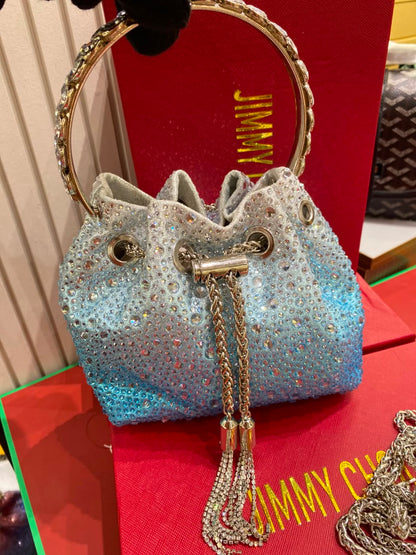 J-I-M-M-Y C-H-O-O Bon Bon Deep Merlot Satin & Crystal Hotfix Bucket Bag (Sky Blue)