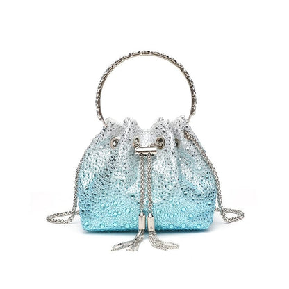 J-I-M-M-Y C-H-O-O Bon Bon Deep Merlot Satin & Crystal Hotfix Bucket Bag (Sky Blue)