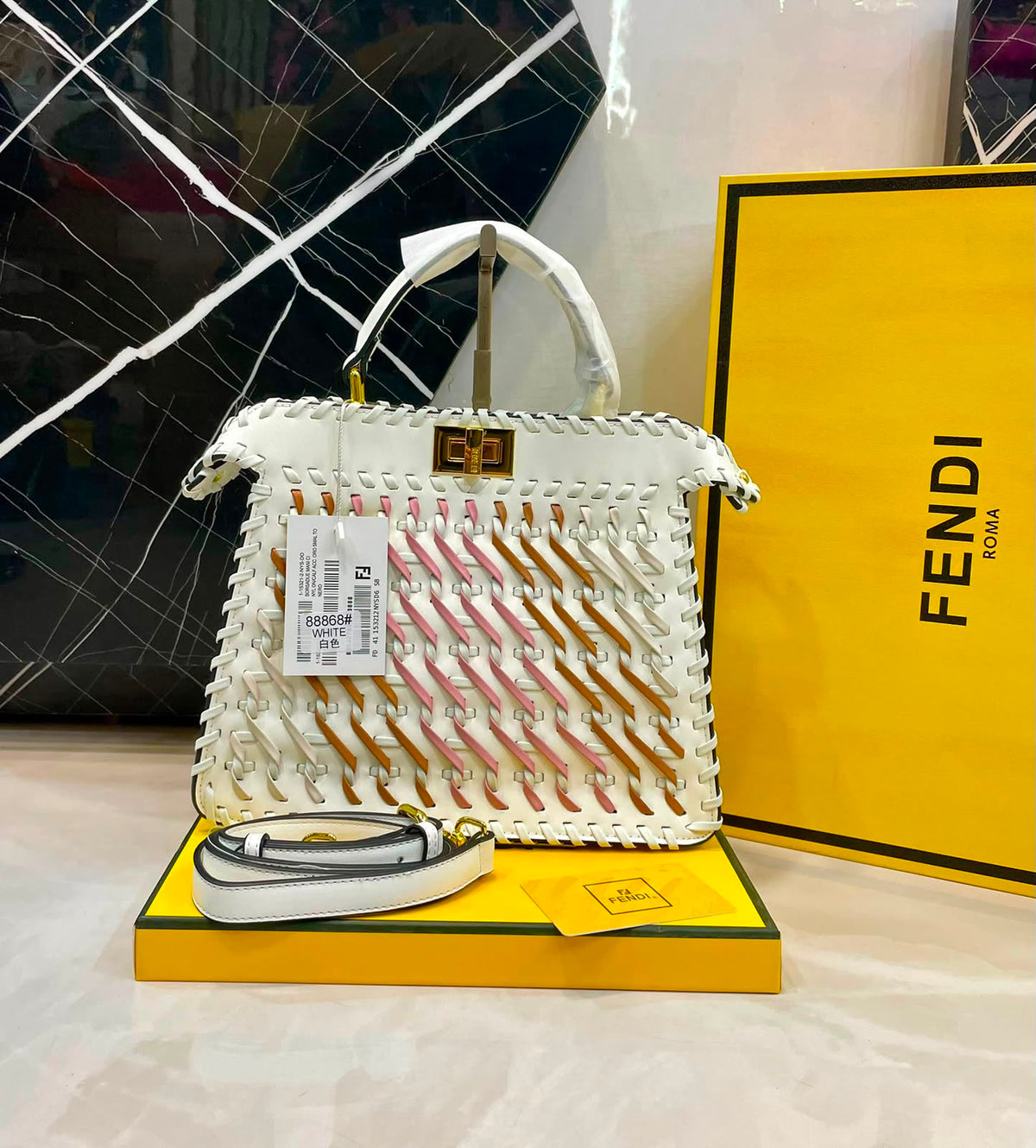 F-E-N-D-I R-O-M-A Peekaboo ISeeU Interwoven Bag – Premium Quality Women Bag | Magnetic Box | White with Mix Colors