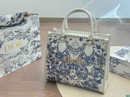 C-H-R-I-S-T-I-A-N D-I-O-R Structured Tote Bag – Premium Quality | Double Box Packaging | Off White with Blue Design
