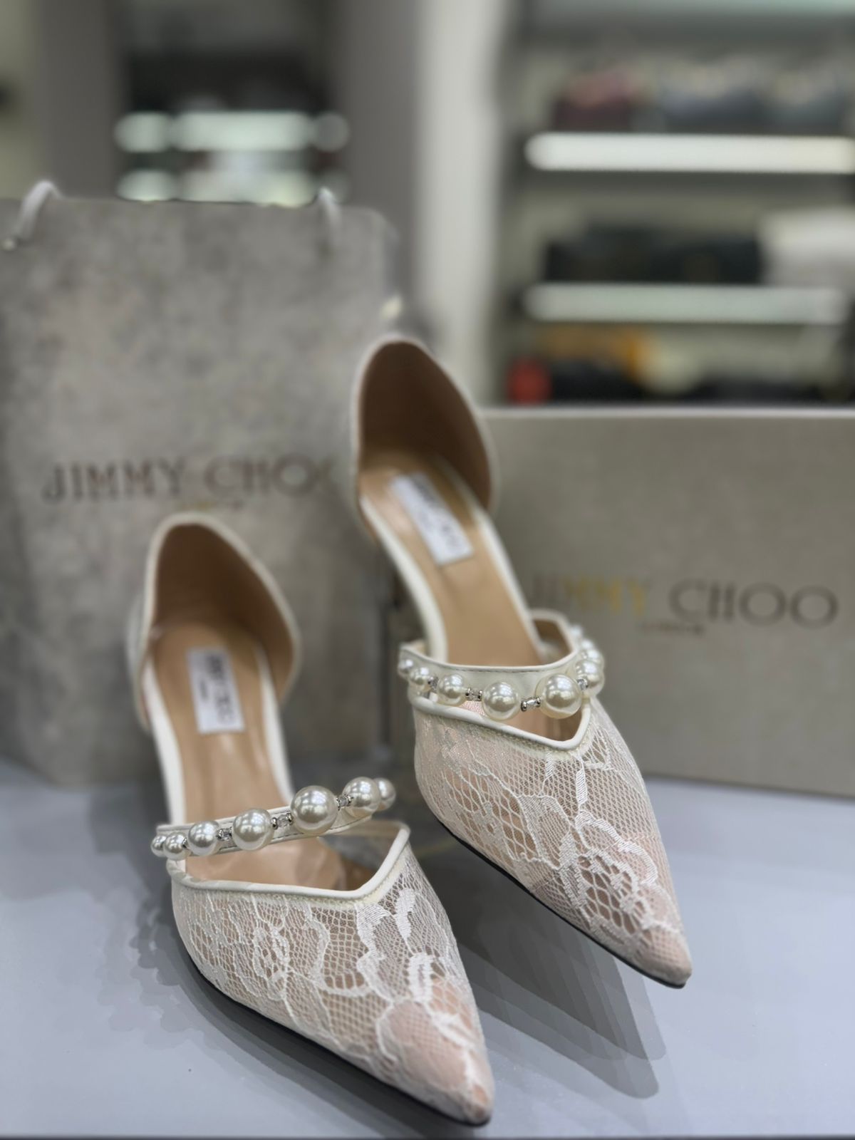 J-I-M-M-Y C-H-O-O AURELIE 85 PEARL-EMBELLISHED HEEL PUMPS – WOMEN SHOES (Silver White)