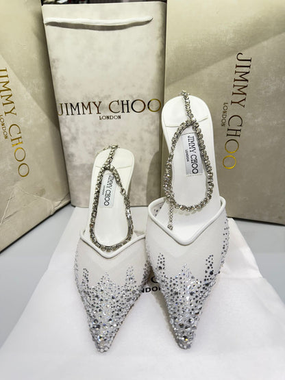 J-I-M-M-Y C-H-O-O Saeda 100 Crystal Mesh Pumps – Crystal Anklet Strap | 3.3" Heel | Luxury Women Footwear (White Silver)