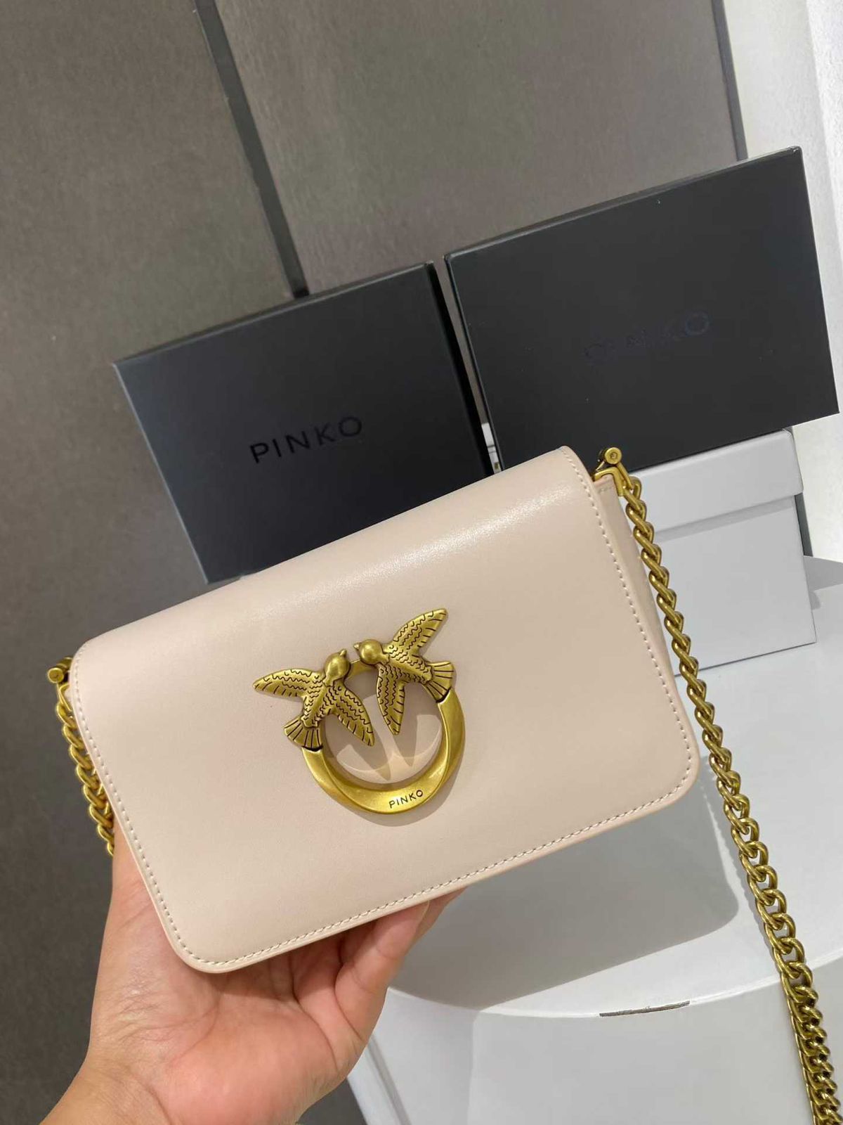 PINKO LOVE CLICK MICRO – Women Bag | Calfskin Silk Leather Shoulder Bag (White/Pink)