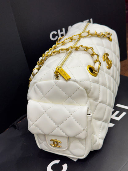 C-H-A-N-E-L Preppy Coco Bowling Bag – Premium Leather Women Bag (White)
