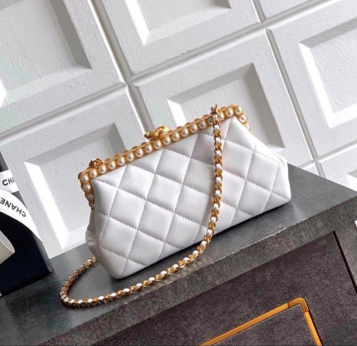 C-H-A-N-E-L Clutch in Pearly Lambskin – Quilted Luxury Women Bag (White)