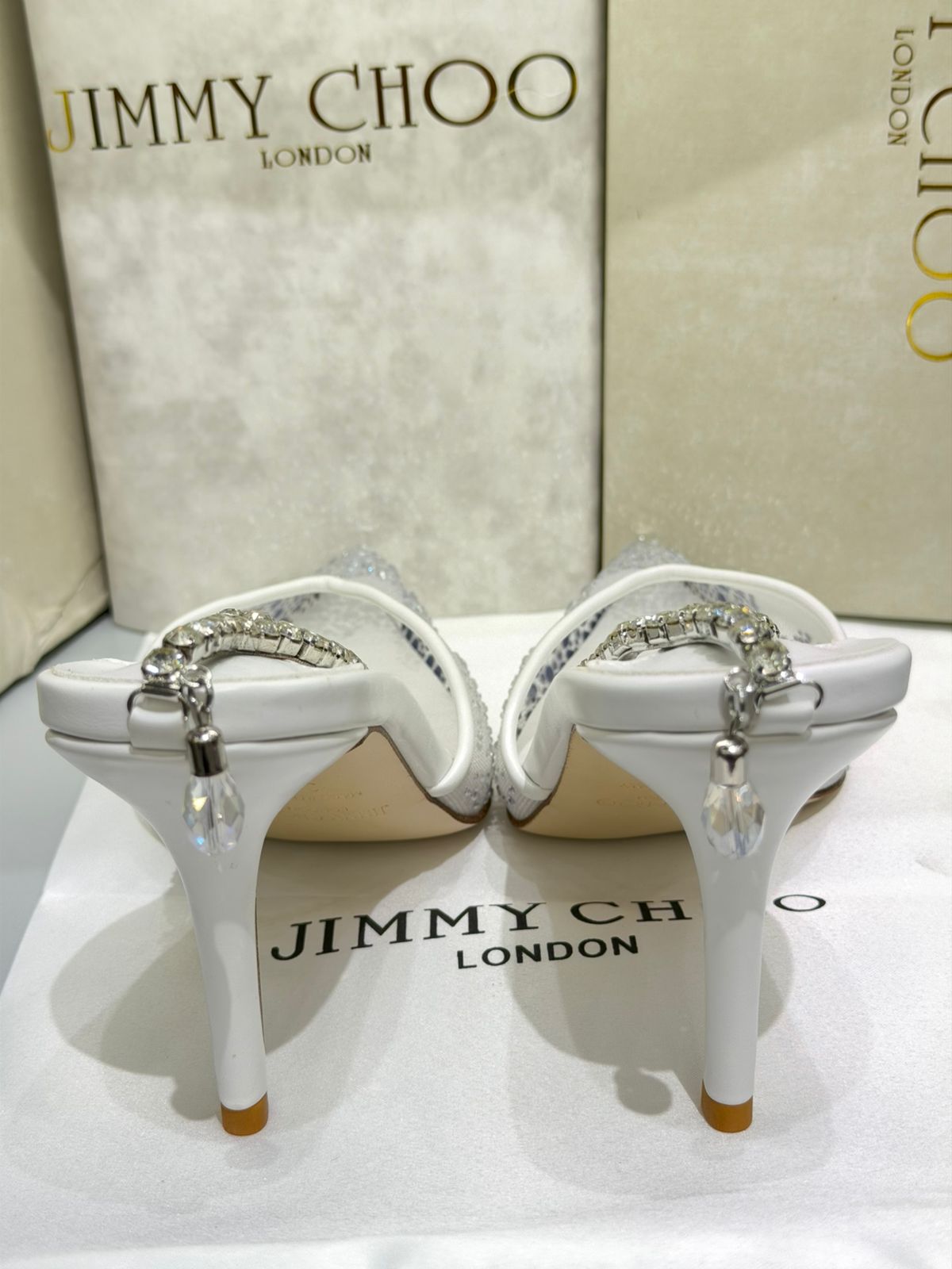 J-I-M-M-Y C-H-O-O Saeda 100 Crystal Mesh Pumps – Crystal Anklet Strap | 3.3" Heel | Luxury Women Footwear (White Silver)
