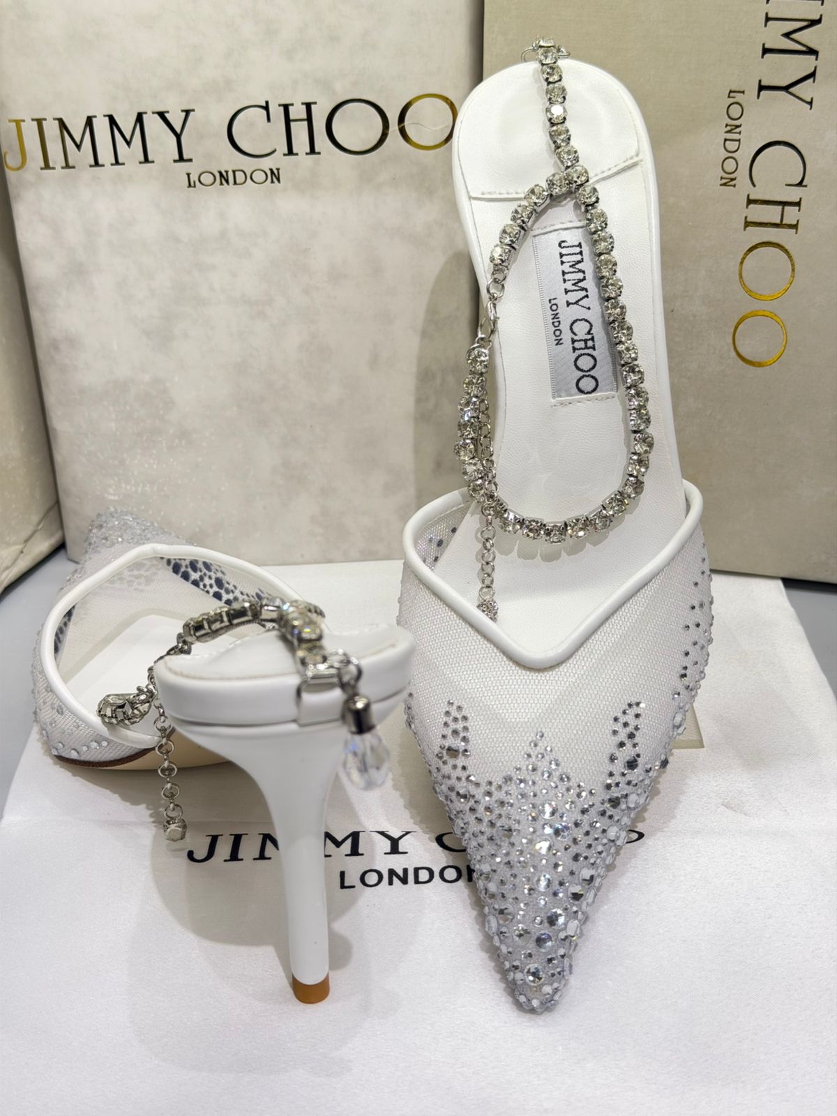 J-I-M-M-Y C-H-O-O Saeda 100 Crystal Mesh Pumps – Crystal Anklet Strap | 3.3" Heel | Luxury Women Footwear (White Silver)