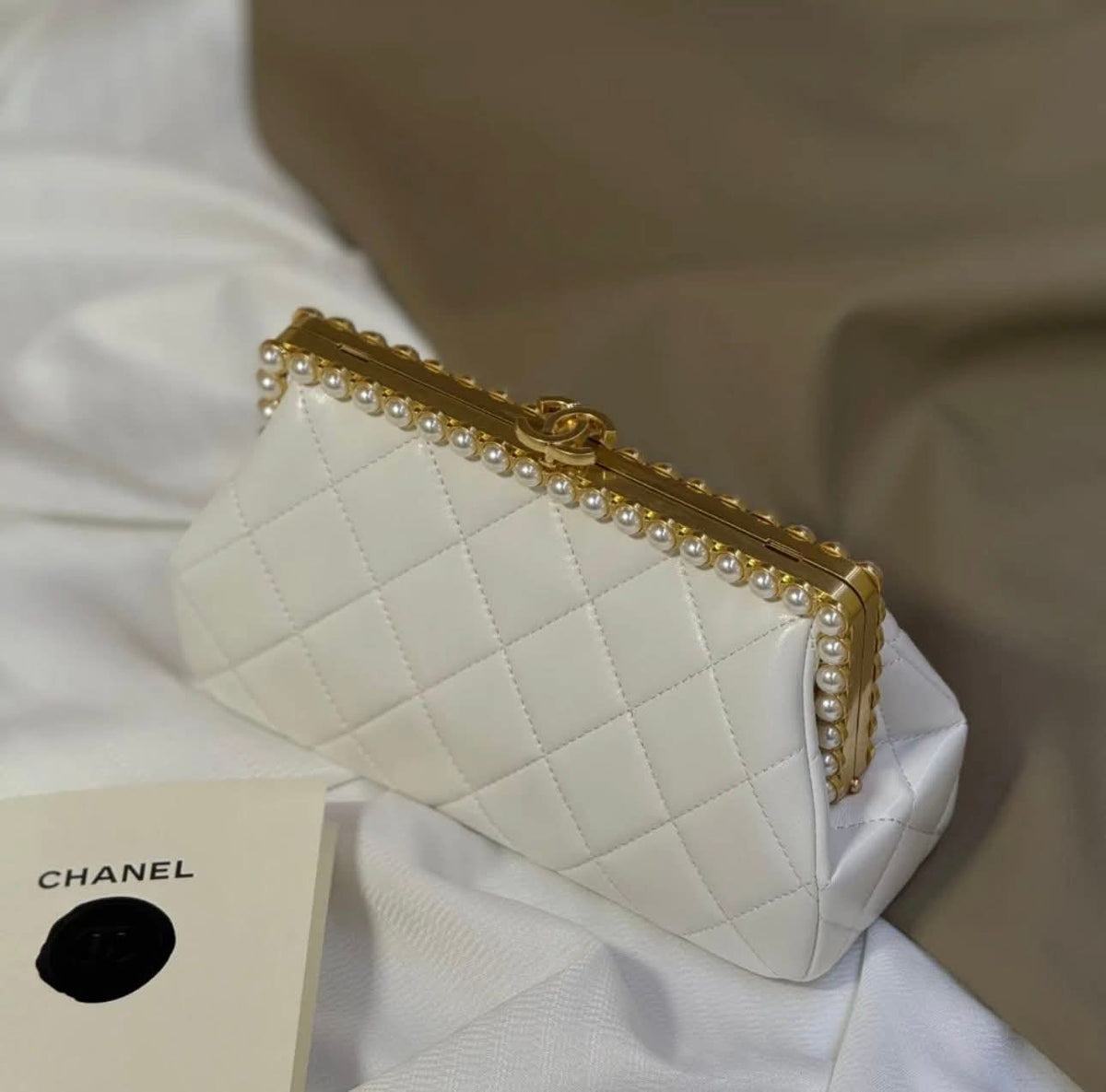 C-H-A-N-E-L Clutch in Pearly Lambskin – Quilted Luxury Women Bag (White)