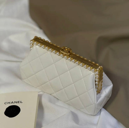 C-H-A-N-E-L Clutch in Pearly Lambskin – Quilted Luxury Women Bag (White)