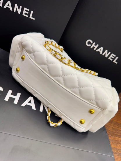 C-H-A-N-E-L Preppy Coco Bowling Bag – Premium Leather Women Bag (White)