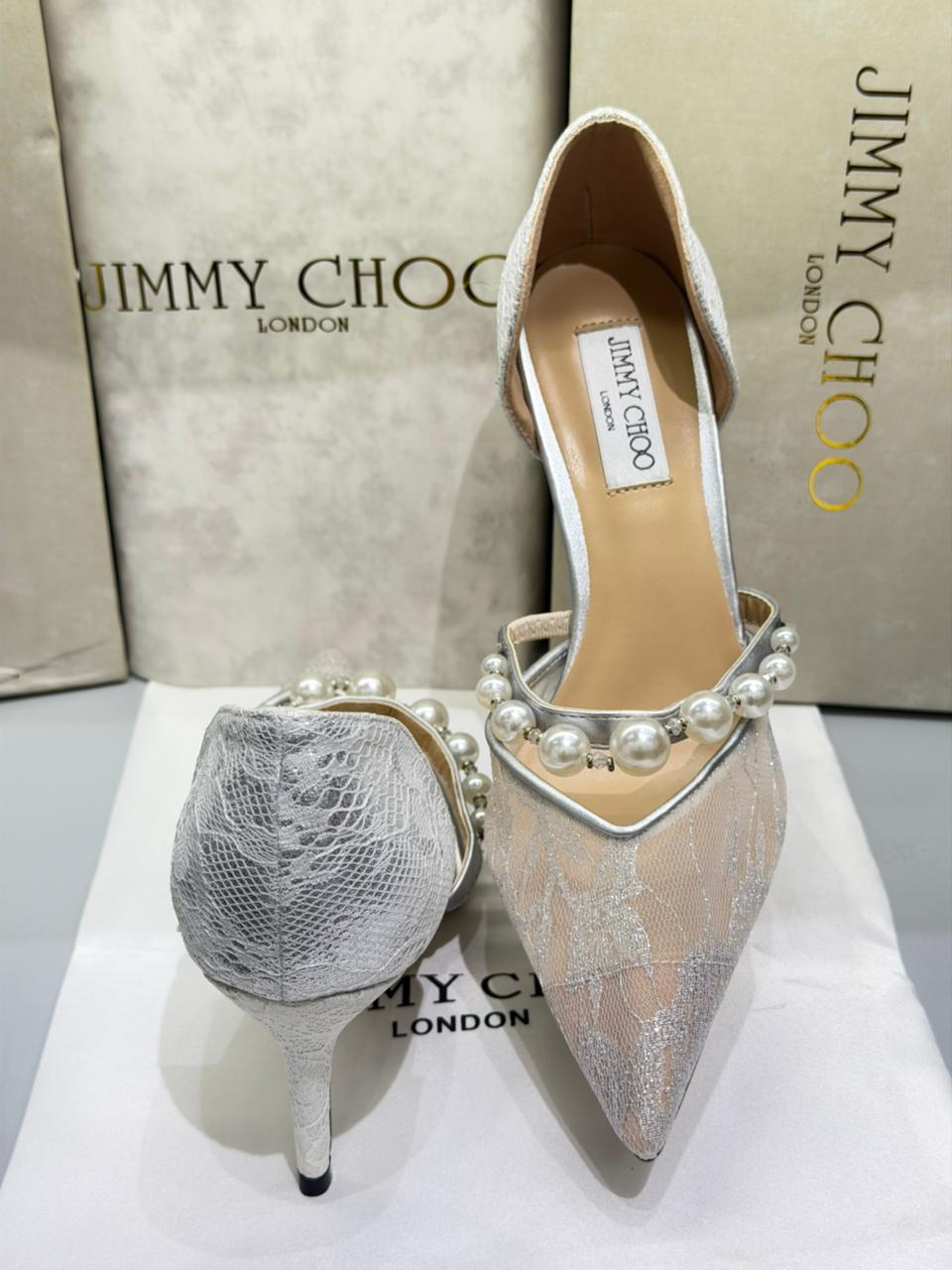 J-I-M-M-Y C-H-O-O AURELIE 85 PEARL-EMBELLISHED HEEL PUMPS – WOMEN SHOES (Silver White)