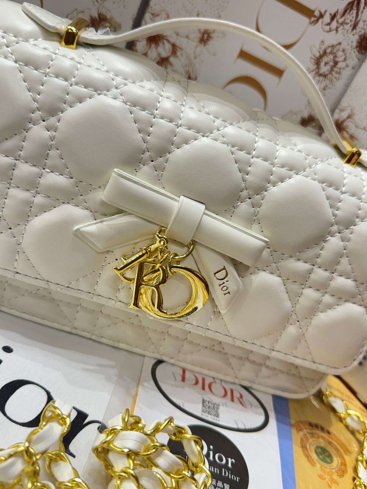 D-I-O-R My Dior Mini Bag – Elegant Luxury Women Bag with Removable Chain (White)