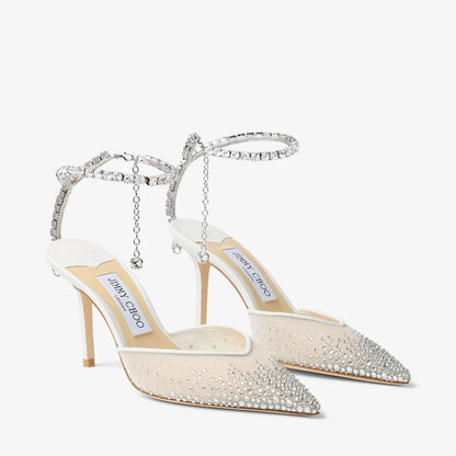 J-I-M-M-Y C-H-O-O Saeda 100 Crystal Mesh Pumps – Crystal Anklet Strap | 3.3" Heel | Luxury Women Footwear (White Silver)