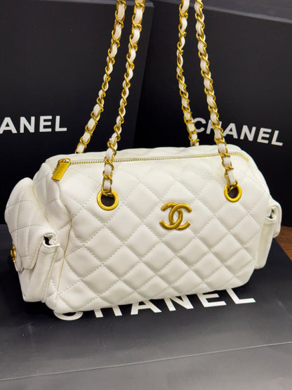 C-H-A-N-E-L Preppy Coco Bowling Bag – Premium Leather Women Bag (White)