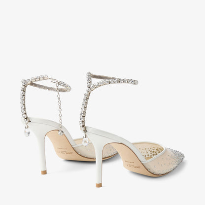 J-I-M-M-Y C-H-O-O Saeda 100 Crystal Mesh Pumps – Crystal Anklet Strap | 3.3" Heel | Luxury Women Footwear (White Silver)