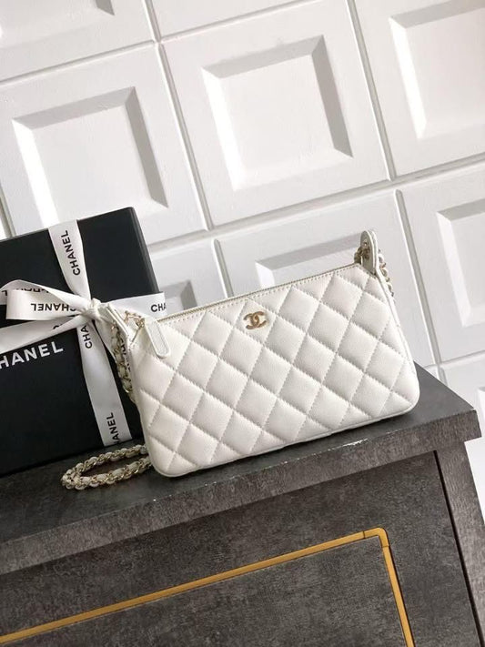 C-H-A-N-E-L 25A Double Chain Bag – Caviar Leather Women Shoulder Bag with GHW (White)