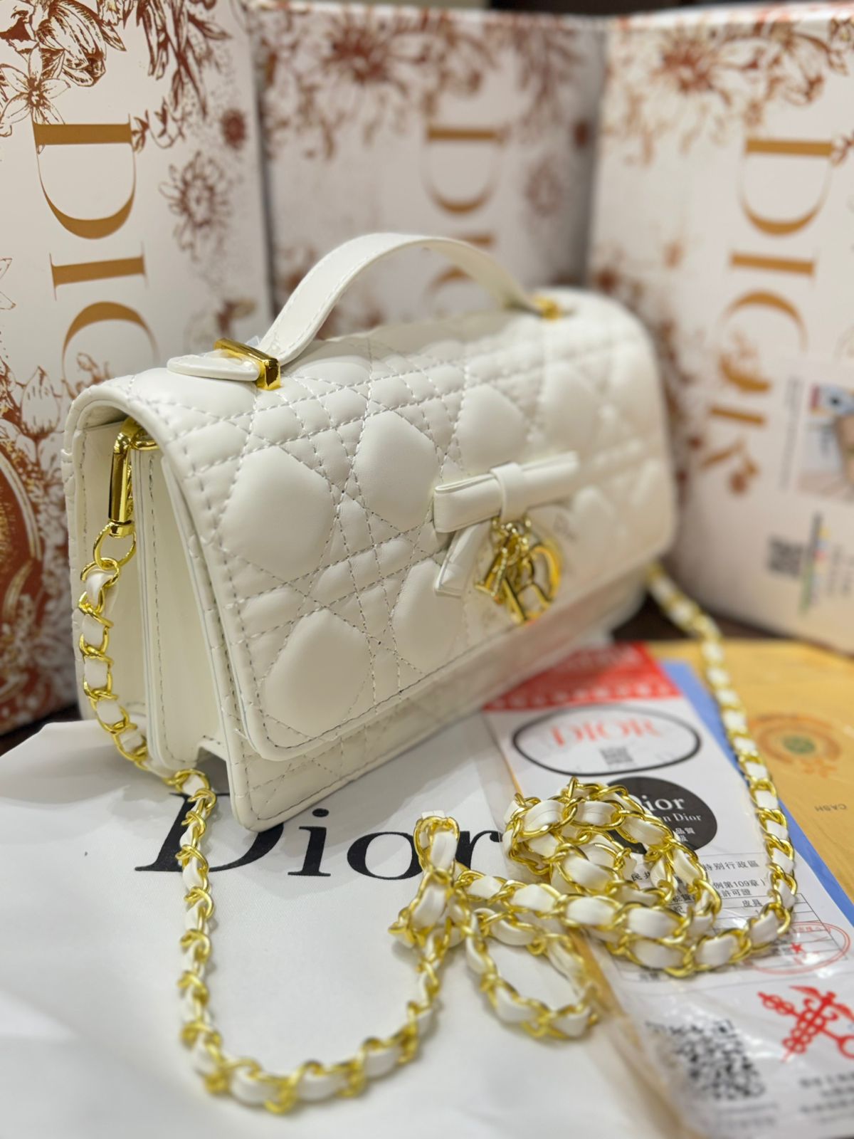 D-I-O-R My Dior Mini Bag – Elegant Luxury Women Bag with Removable Chain (White)