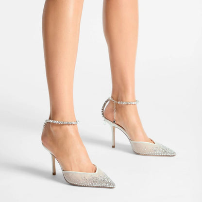 J-I-M-M-Y C-H-O-O Saeda 100 Crystal Mesh Pumps – Crystal Anklet Strap | 3.3" Heel | Luxury Women Footwear (White Silver)